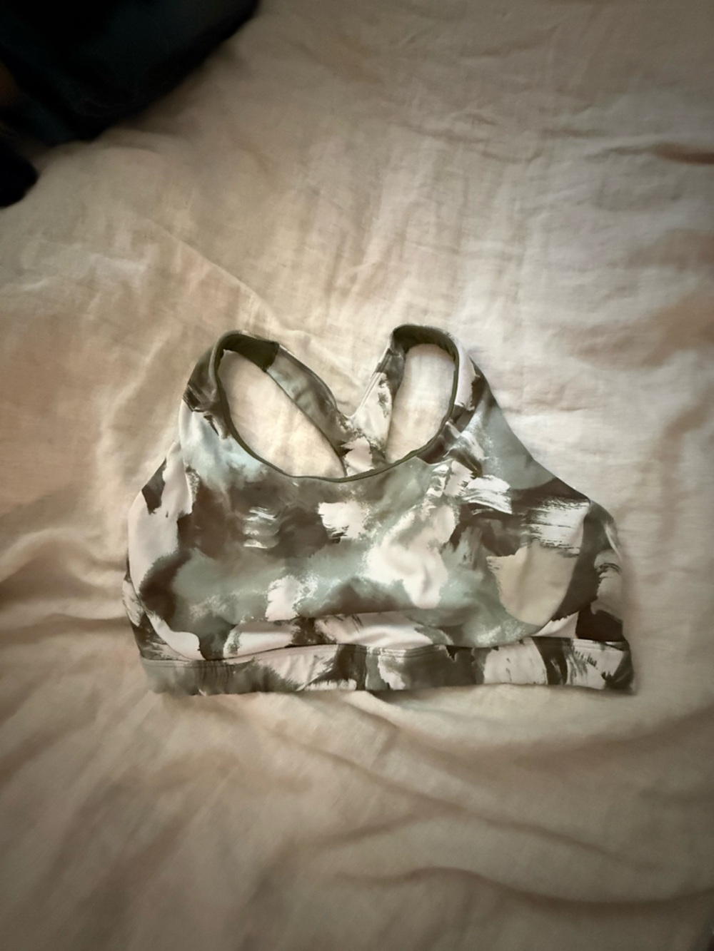 Athleta Olive Green and White Printed Sports Bra